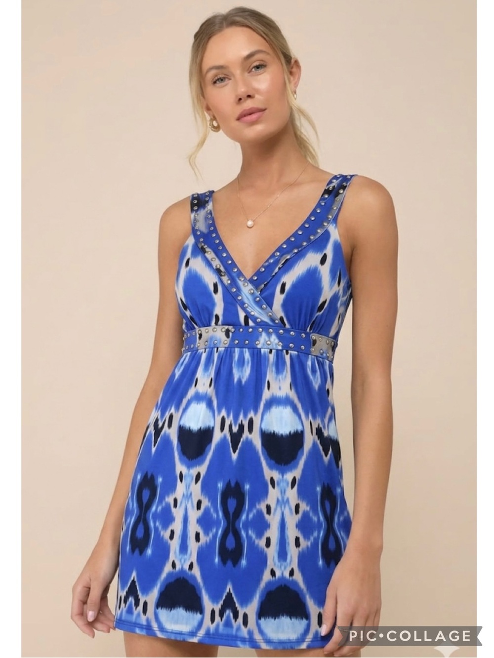 INC Royal Blue Tie Dye Ikat Studded Empire Waist Mini Dress XS Sundress Mod